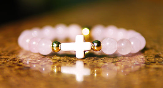 Rose quartz w/ cross and gold filled beads (size 7)
