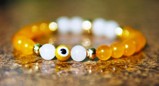 Yellow agate, white jade w/ evil eye and gold filled beads (size 7)