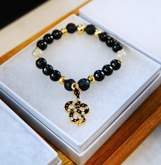 Obsidian w/ Sunstone (shiny beads), Lava Stone, & Kundalini Snake (snake gold plated, beads gold filled!)